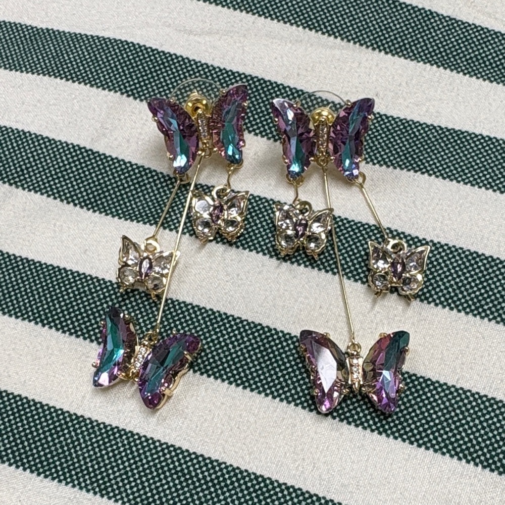 Elegant Butterfly Drop Earrings in Purple and Gold